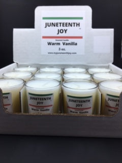 JUNETEENTH JOY ® Candle Retail Counter Display Warm Vanilla 12 per box (3 oz. candles).