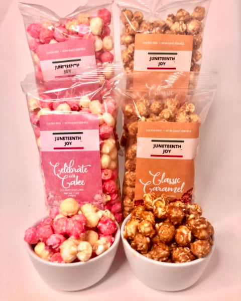 Juneteenth Joy ® Variety Pack , 2 Caramel popcorns, 2 Celebrate w/Cake popcorns and 1 Butter Mint Bag(100 pieces)